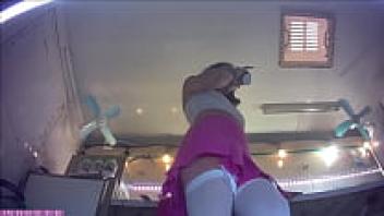 Pretty young brunette girl is getting ready for her first upskirt flashing session at work. She is very excited about this opportunity.