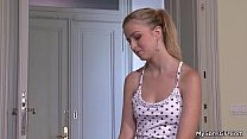 A shaved, pussy blonde girlfriend who rides an aged enormous cock