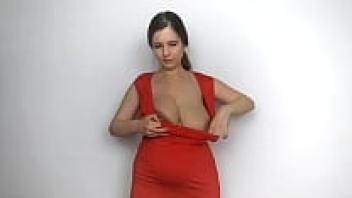 Lena Rose wears a red dress exposing her enormous natural breasts