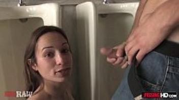 Amber Rayne, a skinny brunette, turns into a human urinal