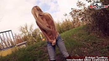 A car tows a tiny, German-blond street hooker for outdoor sex