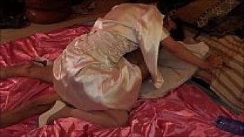 Gorgeous, dog-loving, and risqué in a romantic satin dress in Sexy O2, T&A 597