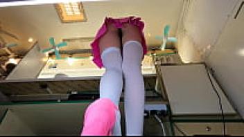 Beautiful teen upskirted at work.