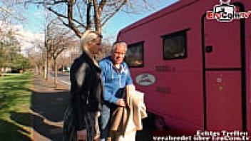 Grandpa picks up a German teenager on the street and loves her in the car.