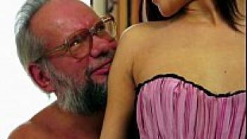 The elderly man likes Lyen's crotchless underwear.