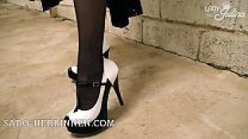 Shiny PVC Mistress Lady Julina's POV jerk off instruction for high heels licking slave.