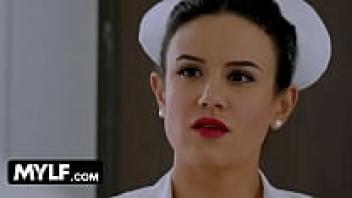 On the doctor's table, Mylf, a sulky nurse, removes her uniform and shows love for the patient.