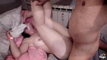 Close up of shaved pussy and sperm on her mouth.