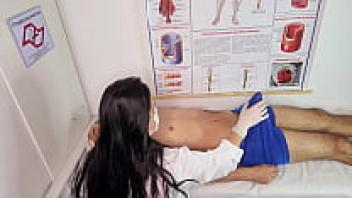 The nurse induces a really difficult erection in the patient.