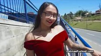 In glasses, a cute amateur Latina blows cock.