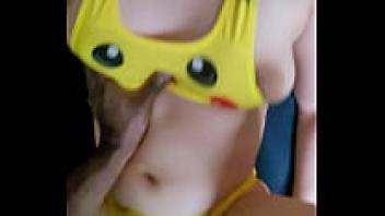 A gorgeous French girl getting beaten while cosplaying as Pikachu