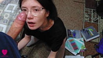This nerdy girl wearing glasses is working on a messy, passionate deep blowjob for her schoolwork today.