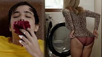 A mature stepmother caught her stepson using her lingerie to masturbate.