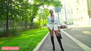 A self-reliant woman. Jeny Smith in public wearing pantyhose without underwear