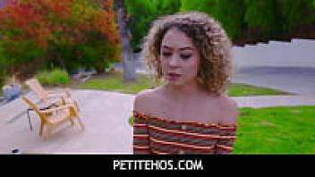 Allie Addison, a horny brunette, rides a hard cock reverse cowgirl on PetiteHos.