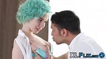 Teenage Emo puts her cock inside her butt in a missionary pose.