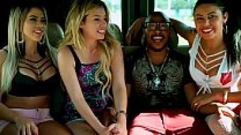 Inside the van, three girls engage in group intercourse with strangers.