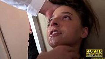 Submissive handcuffed, throated, and examined