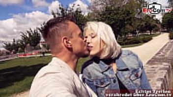 A slim blonde beauty wearing nylons and with tiny tits goes out for sex with a German visitor.