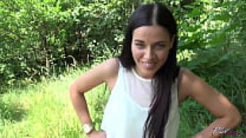 Sexy brunette with long hair getting facial cum and stiff cock in public