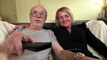 Grandpa watches as a blonde, attractive cougar engages in group sex.