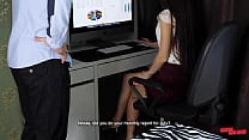 The young secretary was adored by the boss. Close-up of a cream pie