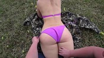 Outside, the girlfriend adores a lesbian. Shake doggystyly juicy booty in oil and dildo in hairy pussy for a natural orgasm. POV.