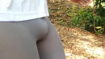 Wearing grey leggings and flashing in public