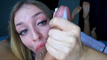 In her pyjamas, the step-sister plays with Cum and sucks Cock.