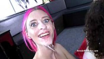 Spraying brunette and pink-haired British people with sperm