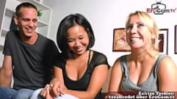 At casting, a young German couple attempts their first FFM threesome.