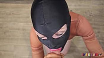 SpandexQueen swallows his sperm twice while wearing her naked nylon lace body shorts.