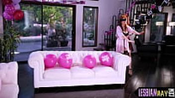 Beautiful redhead Lez receives an orgy surprise.