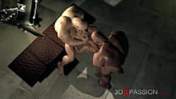 In the gloomy dungeon, a young, stylish victim is adored by large, muscular males.