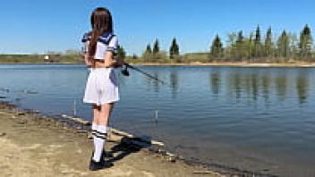 After school, the little angler girl went fishing.