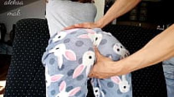 Close-up of a brother slapping a hard, red ass and masturbating with a shaved, horny stepsister