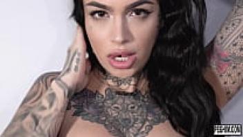 Leigh Raven, a tattooed beauty, licks Michael Vegas' anus with her split tongue.