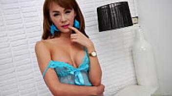 Asian shemale with little, large tits teasing in attractive underwear