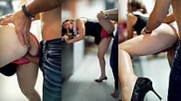 Clothed Black Satin Dress with Pink Satin Underwear, French Amateur Doggystyle, Lingerie, Heels, and Panty Rubbing 1669 (1127)