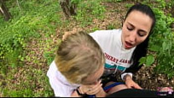 Outdoor amateur threesome blowjob