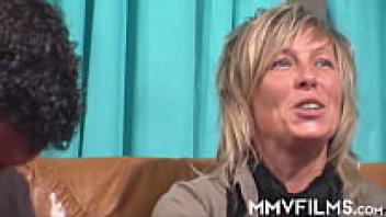 A threesome with a mature, chesty hoe riding cock