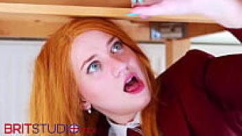 At the milking table, Victoria Greene sucks cock and gets her uniform soaked in sperm.