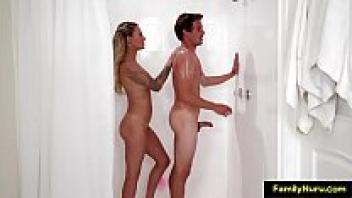 Surprise your stepmother with an oil handjob massage.