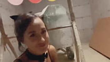 At the parking lot, the domineering girl mistress bound the bondage guy, sucked, and adored his mouth with dildo. Teens and Femdom