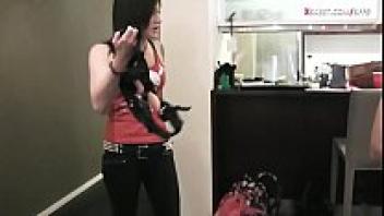 Adorable teen with a beloved friend wearing a strapon