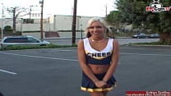 Teenage cheerleader who is petite and blonde is picked up for sex in a car.