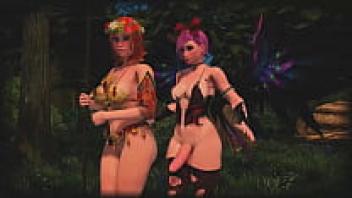 In this 3D animated cartoon Futanari sex, a hot shemale fairy adores Amazon in the forest.