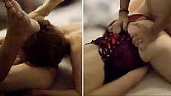 1694 White beauty in red and black corset, red satin underwear, blowjob rimming, anal gystyle, and love