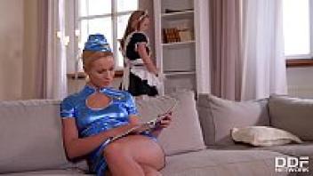 Hot maid Emily Thorne's juicy pussy gets licked by curvaceous stewardess Cherry Kiss in 69