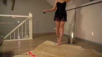 My private secretary in gorgeous satin dress and scarlet lace panties creampied by the boss.